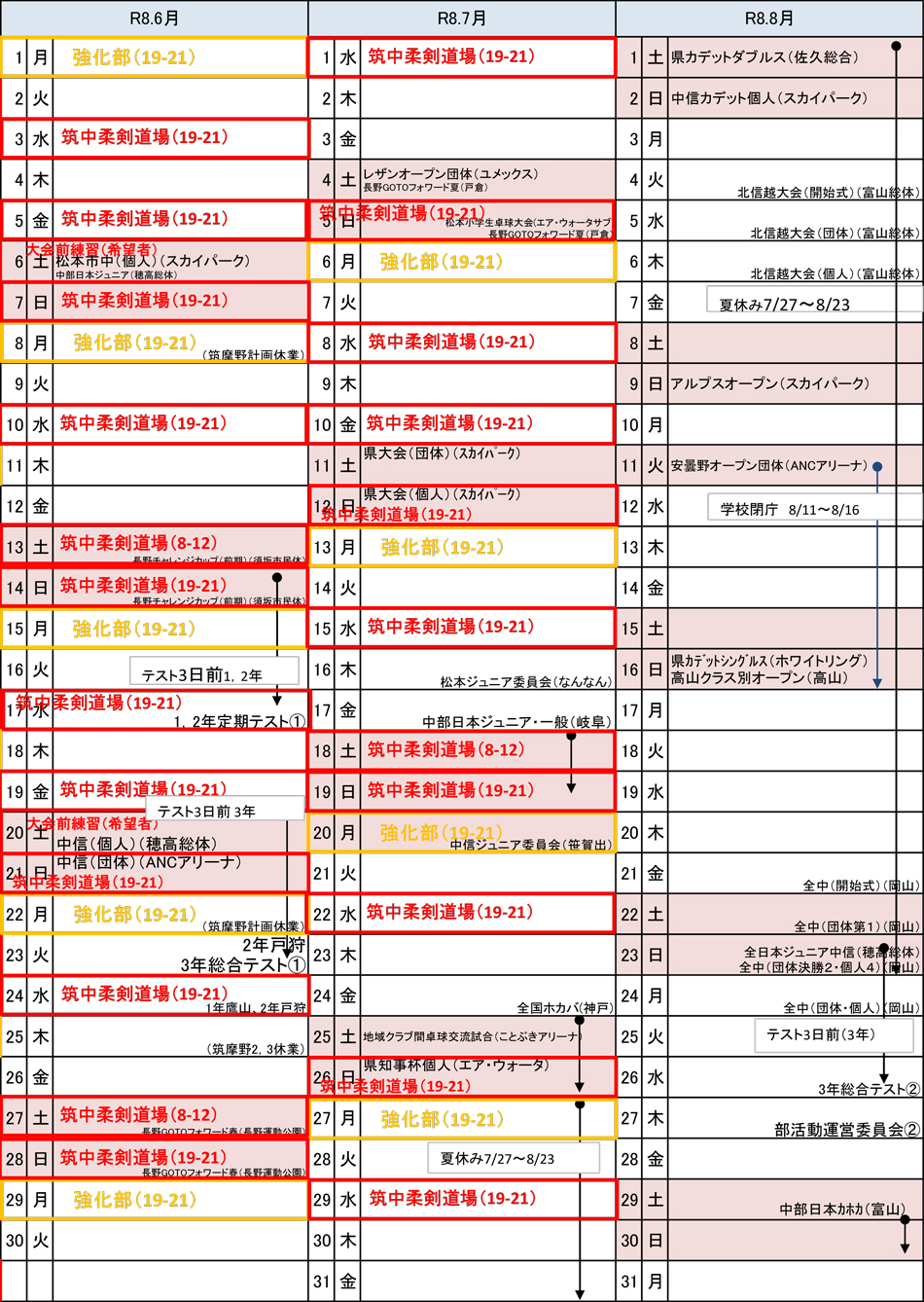 筑摩野卓球クラブ練習予定表