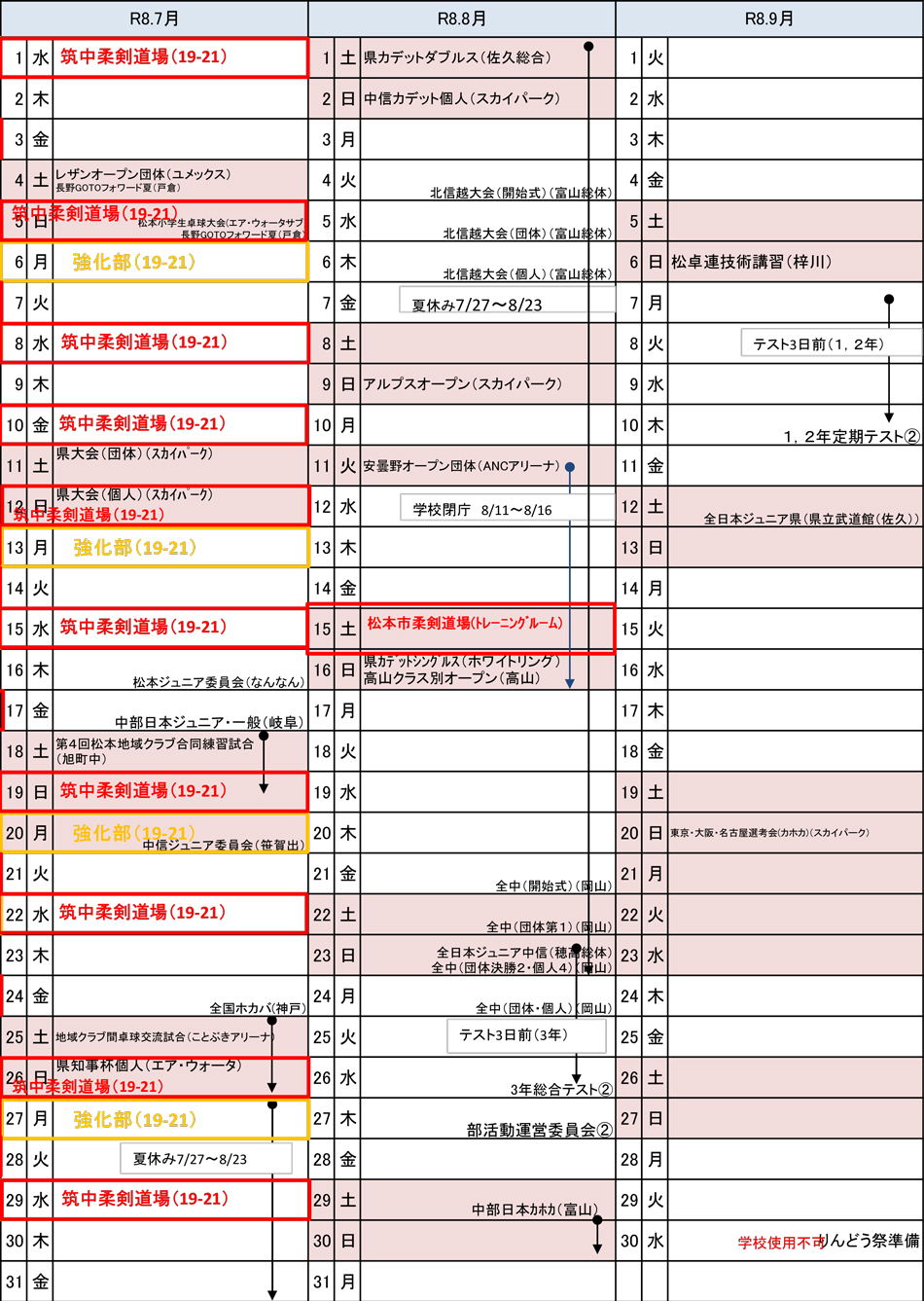 筑摩野卓球クラブ練習予定表