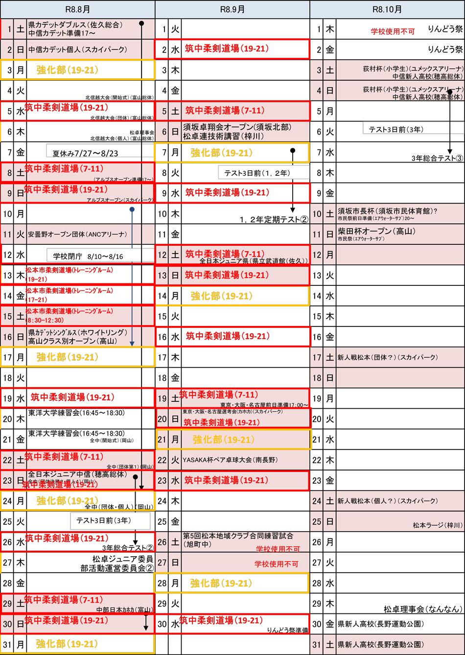 筑摩野卓球クラブ練習予定表