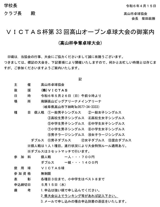 VICTAS杯第33回高山オープン卓球大会の要項