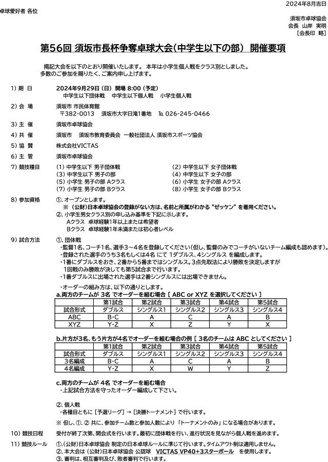 第56回須坂市長杯争奪卓球大会(中学生以下の部)の要項1