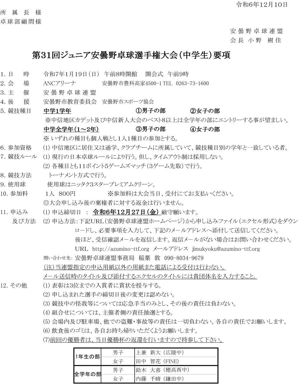 第31回ジュニア安曇野卓球選手権大会（中学生）の要項