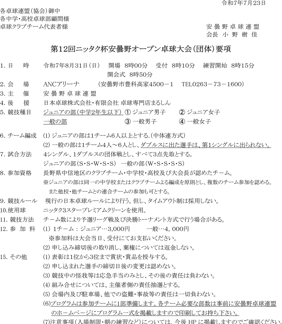 第12回ニッタク杯安曇野オープン卓球大会(団体)の要項