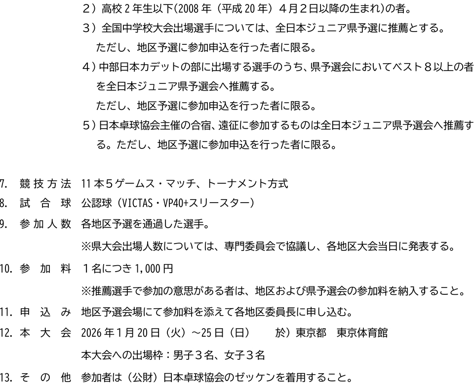 2025年度長野県卓球選手権(ジュニアの部)兼全日本(ジュニアの部)長野県予選会兼第80回国民スポーツ大会卓球競技第1次予選会の要項2