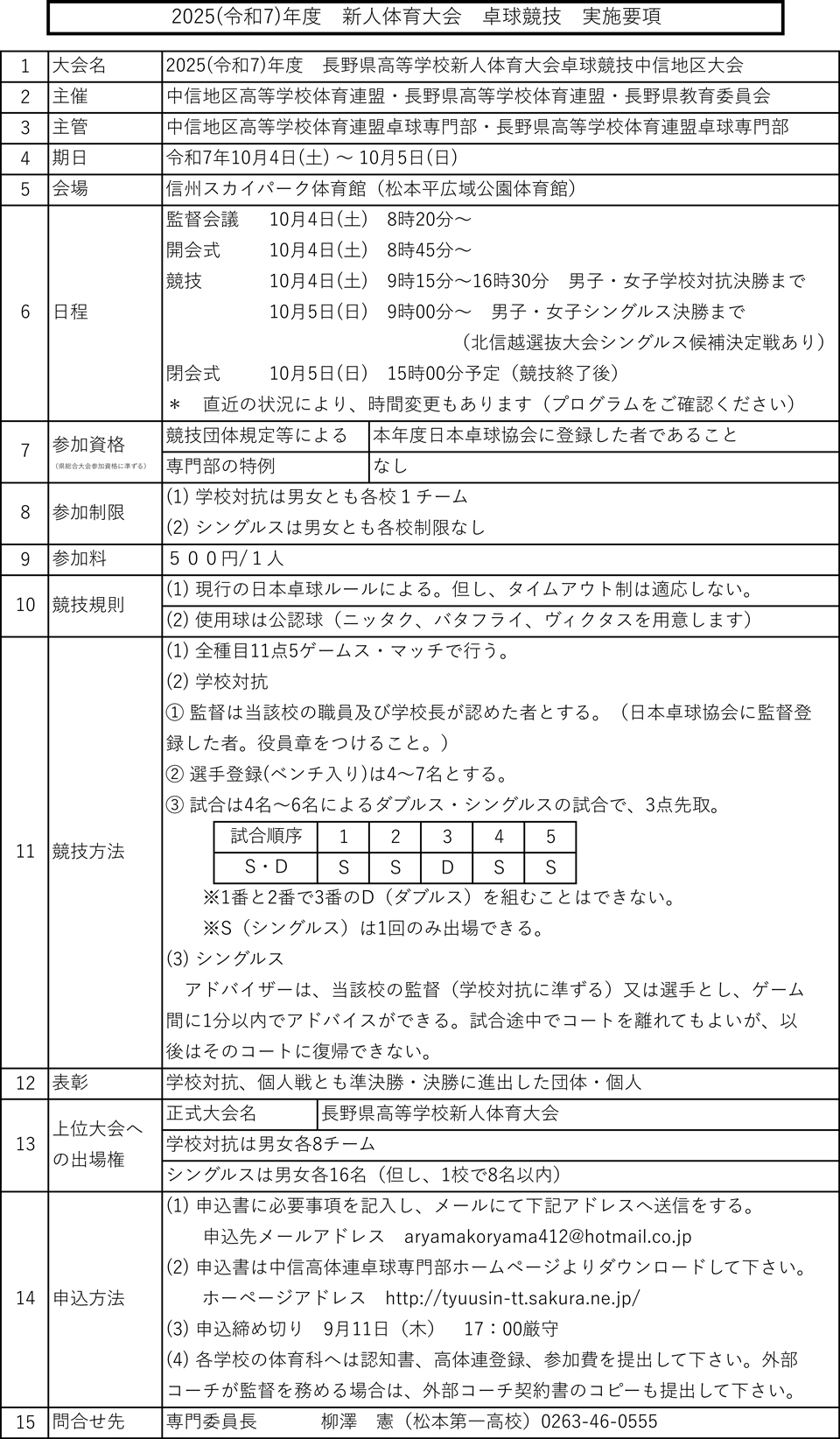 2025(令和7)年度長野県高等学校新人体育大会卓球競技中信地区大会の要項