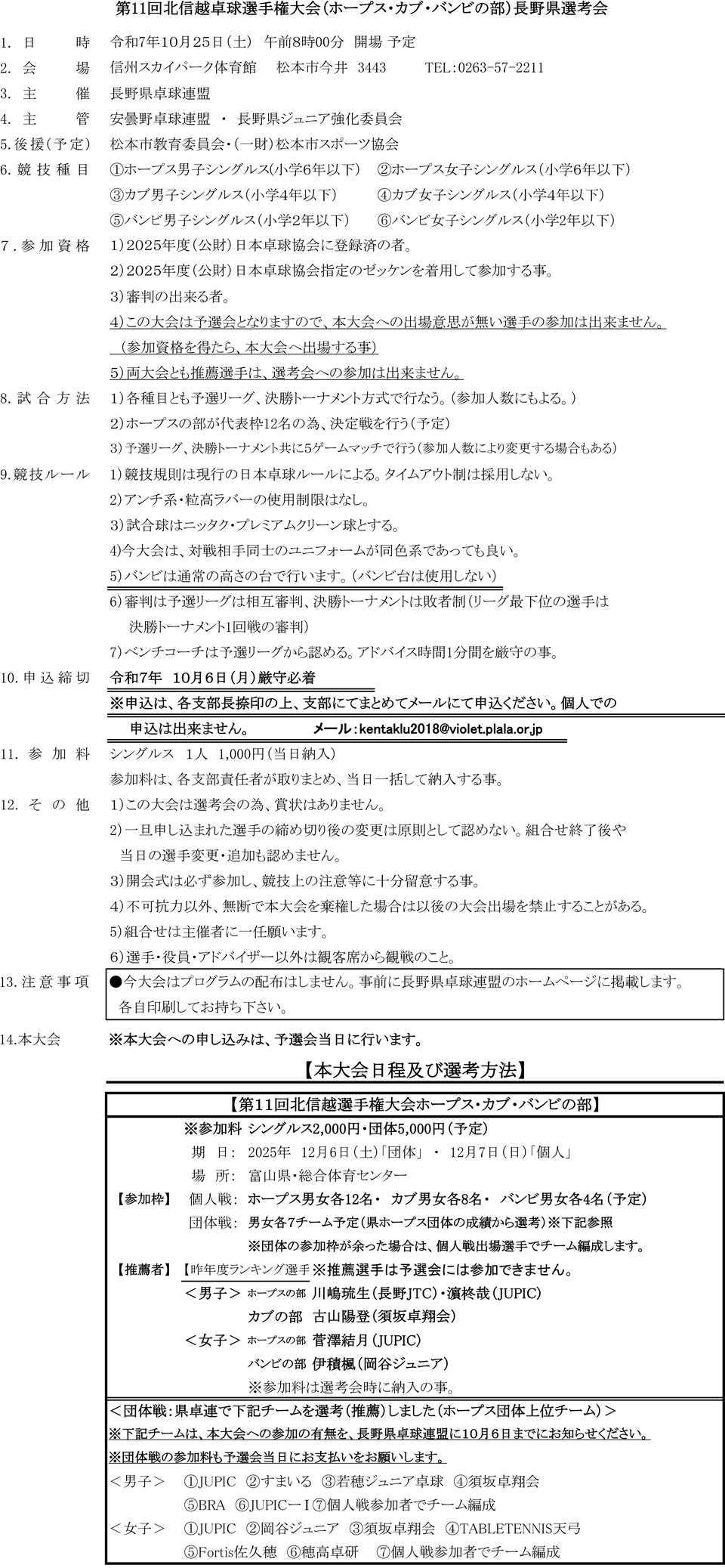 第11回北信越卓球選手権大会（ホープス・カブ・バンビの部）長野県選考会の要項
