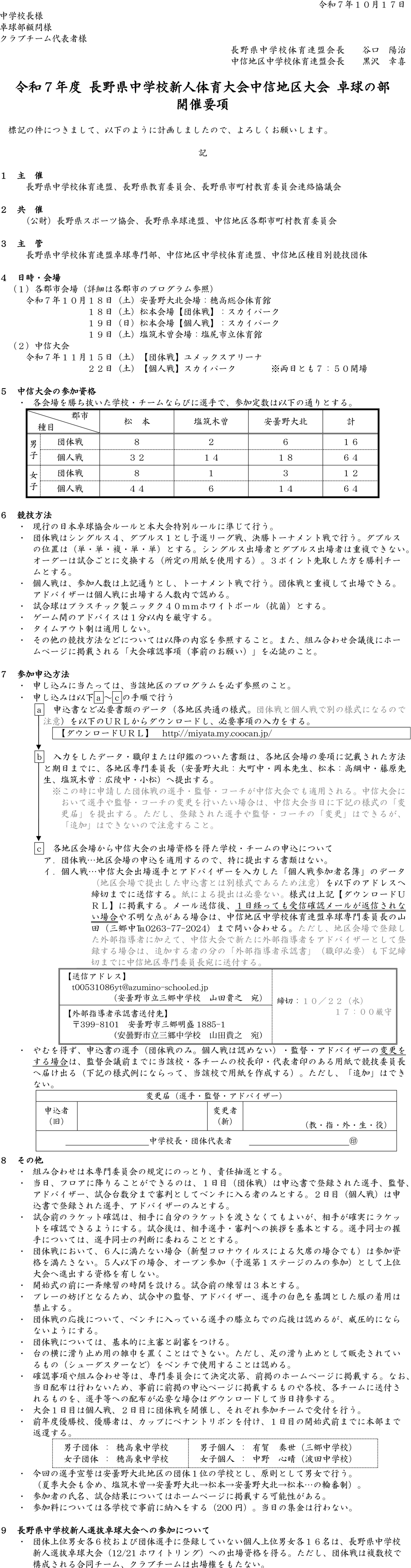 令和7年度長野県中学校新人体育大会中信地区大会卓球の部(個人戦)の要項