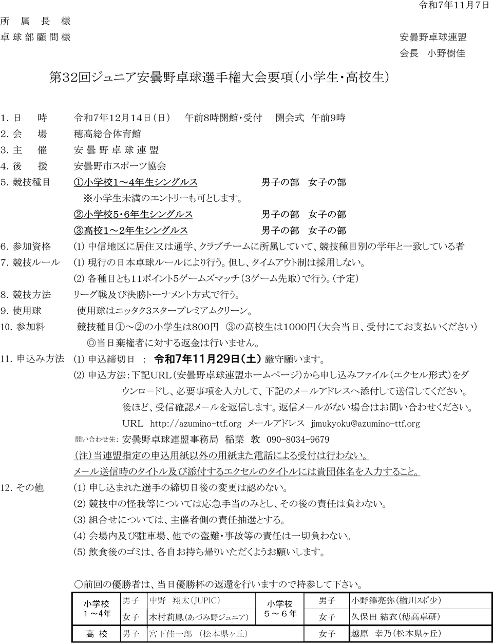 第32回ジュニア安曇野卓球選手権大会(小学生・高校生)の要項