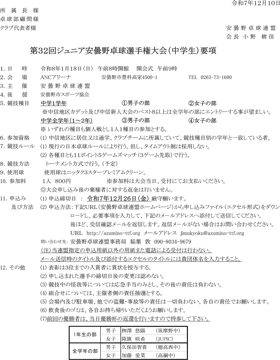 第32回ジュニア安曇野卓球選手権大会(中学生)の要項