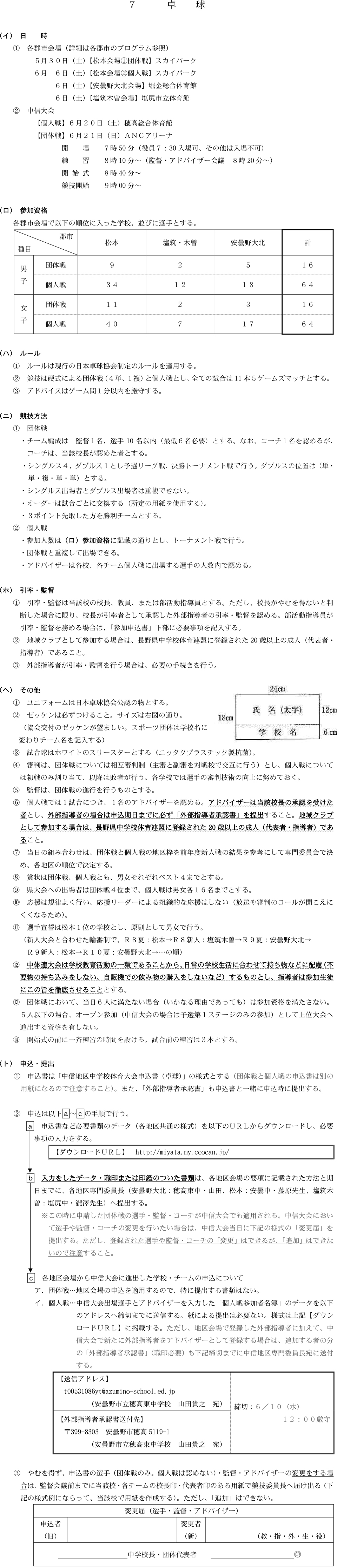 令和8年度中信地区中学校体育大会夏季大会卓球の部の要項